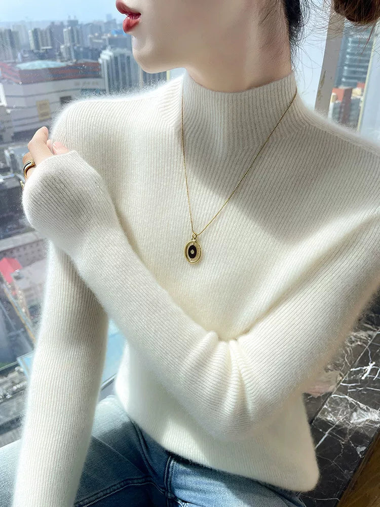 Women's Mock Neck Wool Slim-Fit Fuzzy Sweater Knit Pullover Top for Fall Winter Spring Travel Everyday