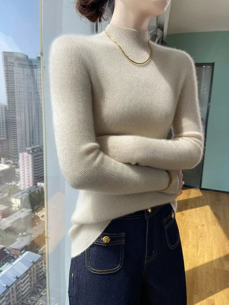 Women's Mock Neck Wool Slim-Fit Fuzzy Sweater Knit Pullover Top for Fall Winter Spring Travel Everyday