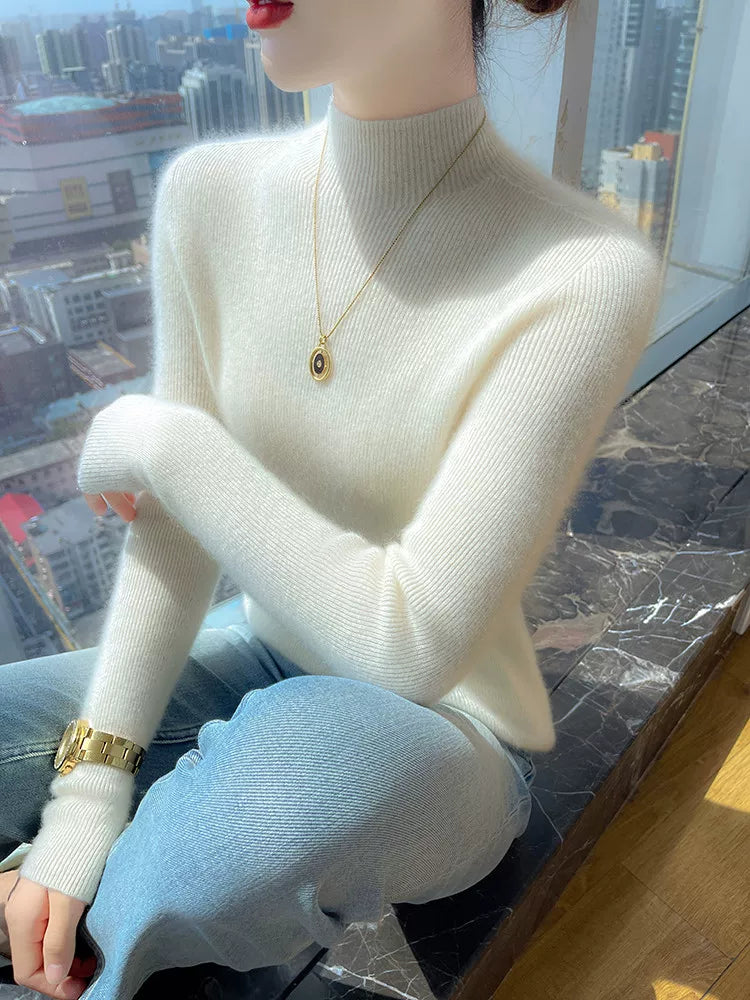 Women's Mock Neck Wool Slim-Fit Fuzzy Sweater Knit Pullover Top for Fall Winter Spring Travel Everyday