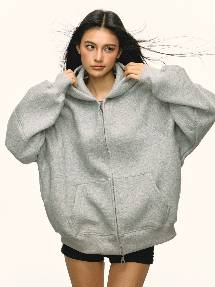 Women's Grey Hooded Oversized Zip Cardigan for Office Outfits Everyday Work Wear Date Night Fall Winter