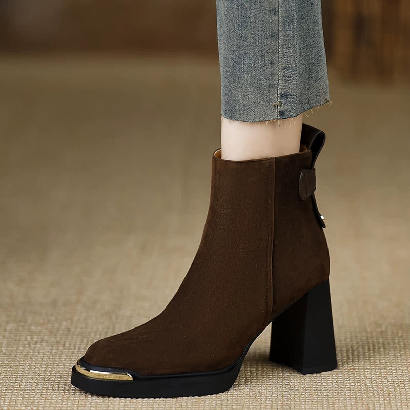 Women's Frosted Brown Platform Leather Suede Block Heel High Heel Ankle Boots for Fall Outfits Streetwear Winter Office and Weekend Everyday Wear