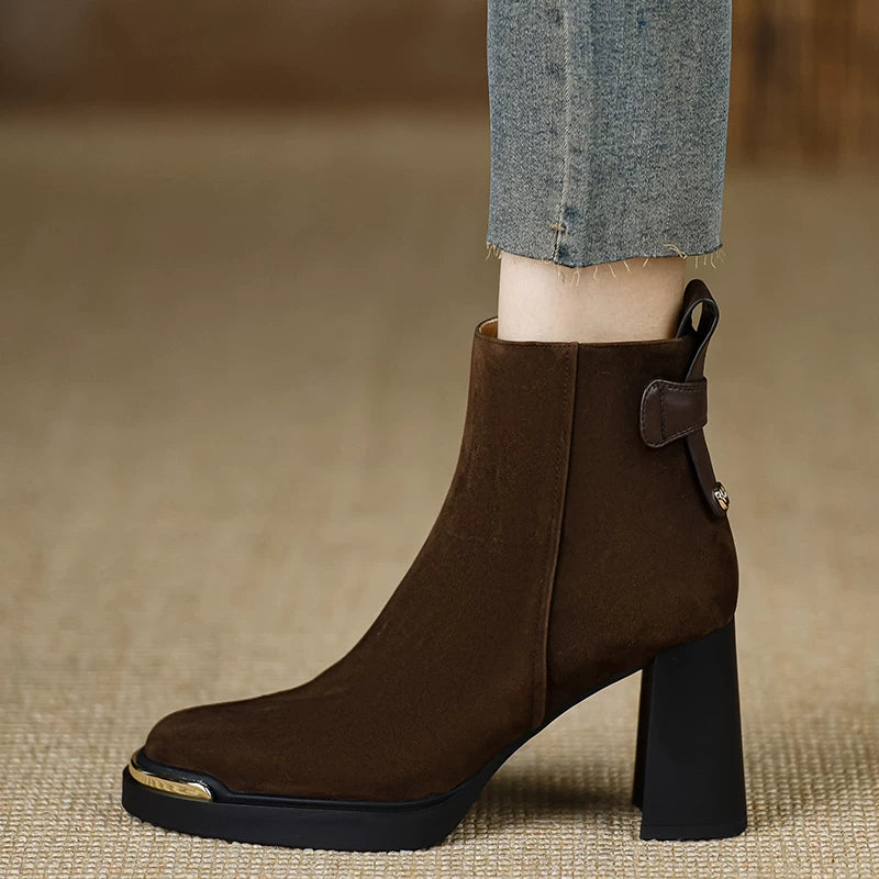 Women's Frosted Brown Platform Leather Suede Block Heel High Heel Ankle Boots for Fall Outfits Streetwear Winter Office and Weekend Everyday Wear