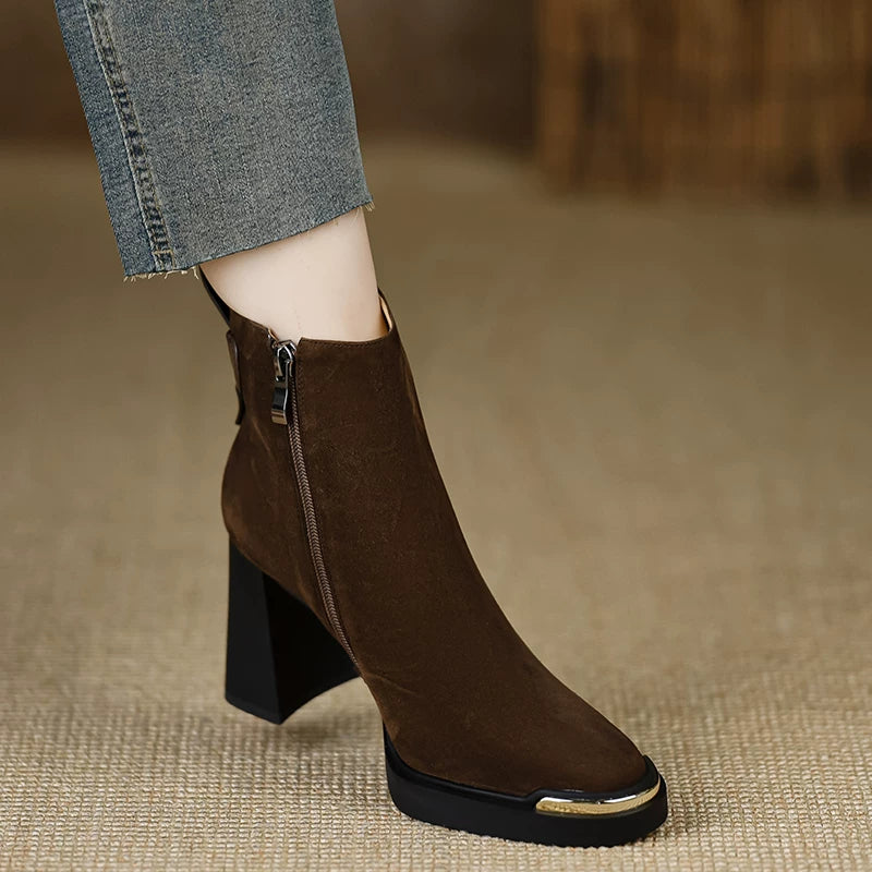 Women's Frosted Brown Platform Leather Suede Block Heel High Heel Ankle Boots for Fall Outfits Streetwear Winter Office and Weekend Everyday Wear