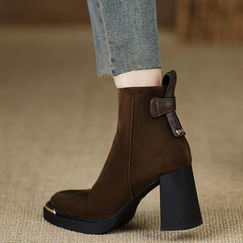 Women's Frosted Brown Platform Leather Suede Block Heel High Heel Ankle Boots for Fall Outfits Streetwear Winter Office and Weekend Everyday Wear