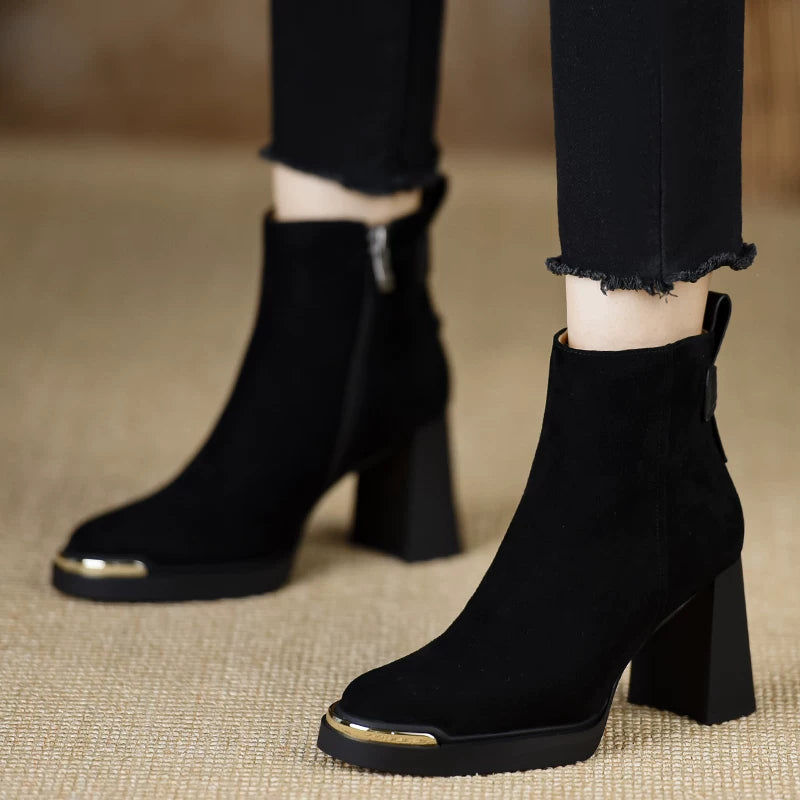 Women's Frosted Brown Platform Leather Suede Block Heel High Heel Ankle Boots for Fall Outfits Streetwear Winter Office and Weekend Everyday Wear