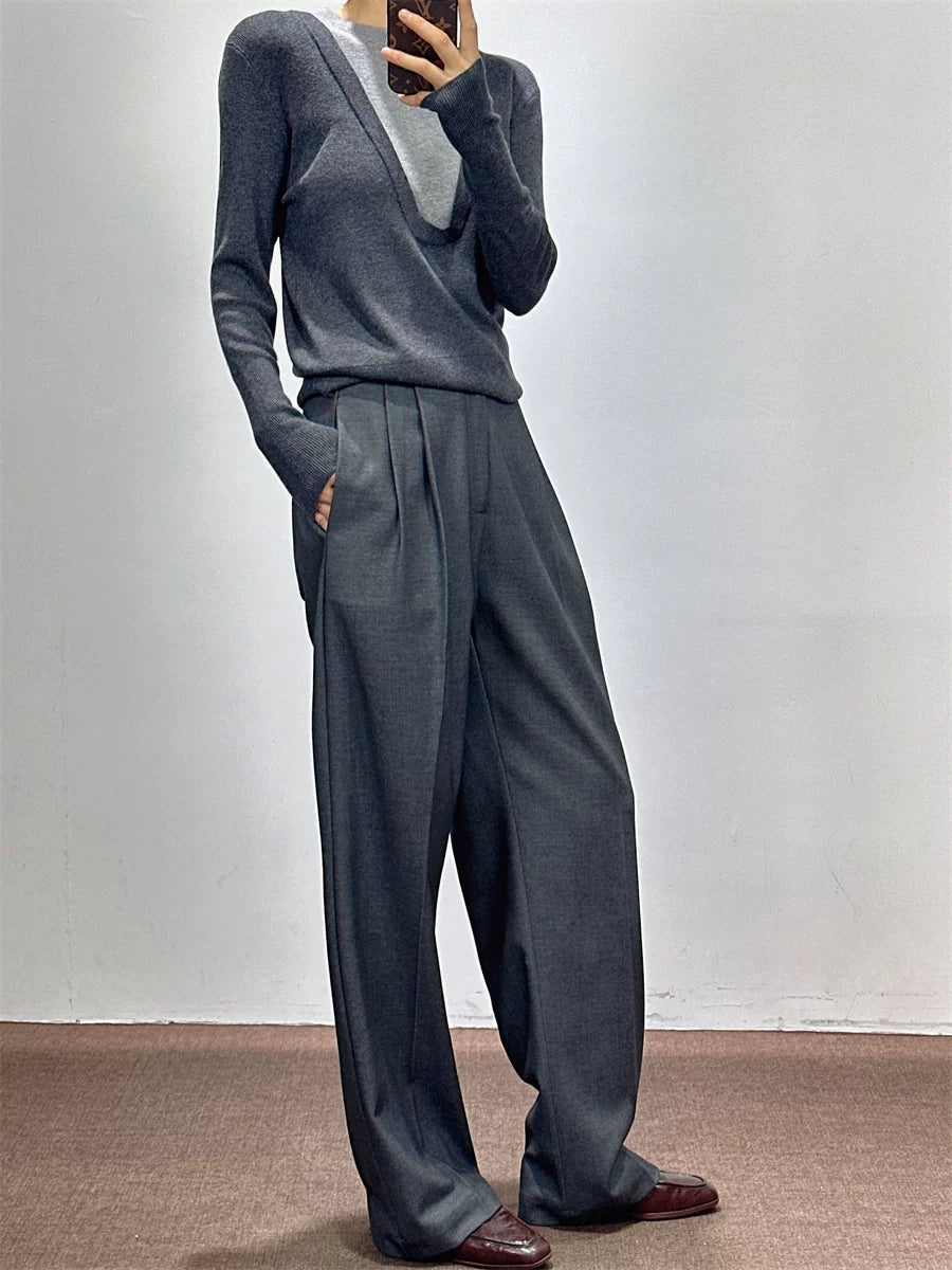 Women's Wool Fall Winter Grey Office Workwear Quiet-Luxury Wide-Leg Pants for Travel Comfort Business Casual Weekend Everyday Date Night