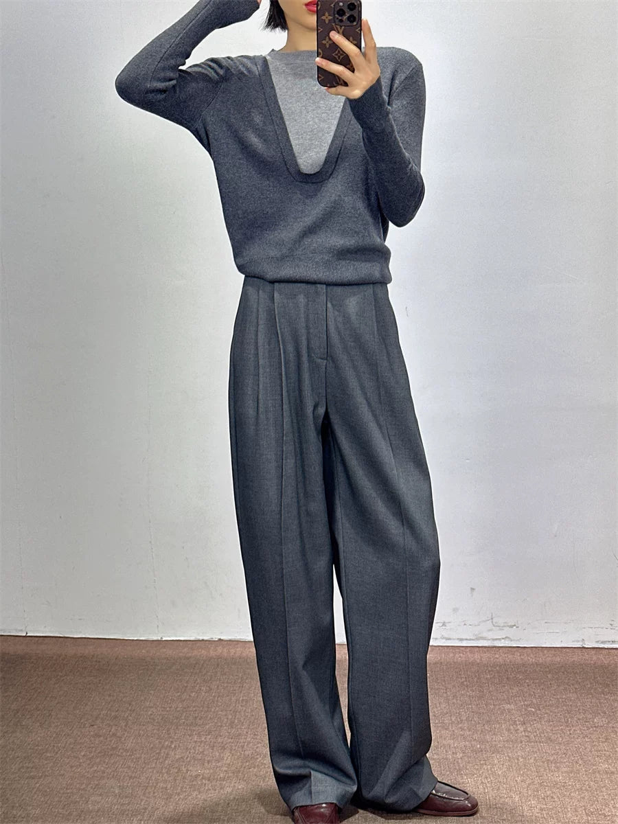Women's Wool Fall Winter Grey Office Workwear Quiet-Luxury Wide-Leg Pants for Travel Comfort Business Casual Weekend Everyday Date Night