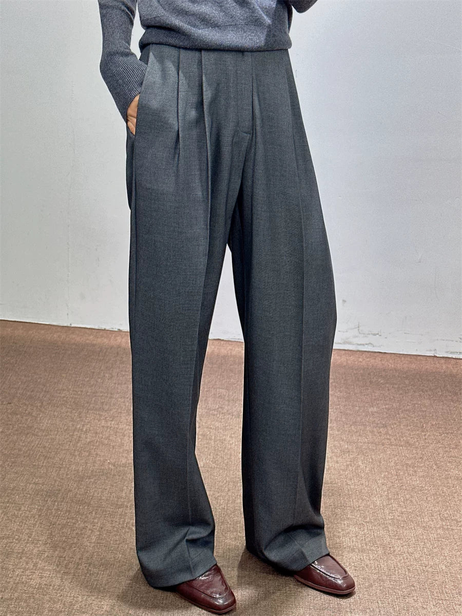 Women's Wool Fall Winter Grey Office Workwear Quiet-Luxury Wide-Leg Pants for Travel Comfort Business Casual Weekend Everyday Date Night