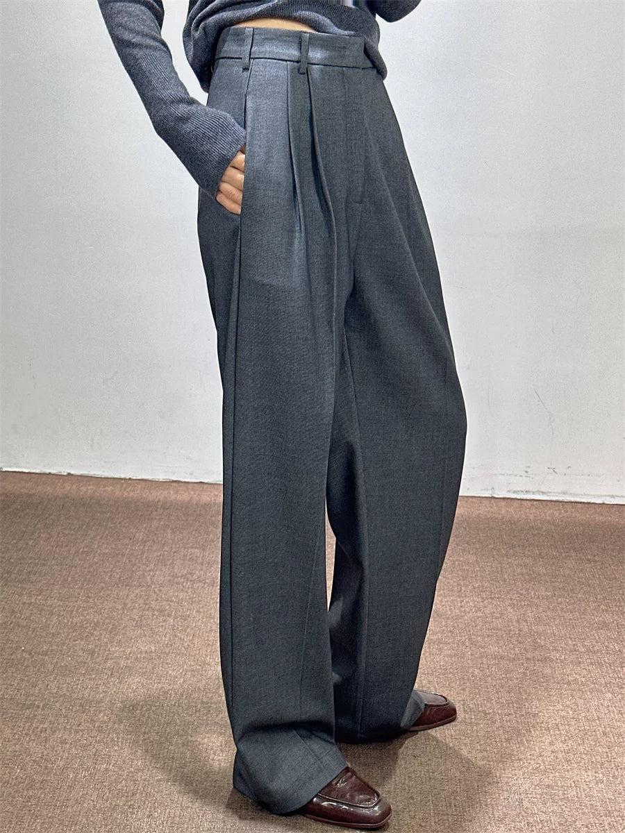 Women's Wool Fall Winter Grey Office Workwear Quiet-Luxury Wide-Leg Pants for Travel Comfort Business Casual Weekend Everyday Date Night