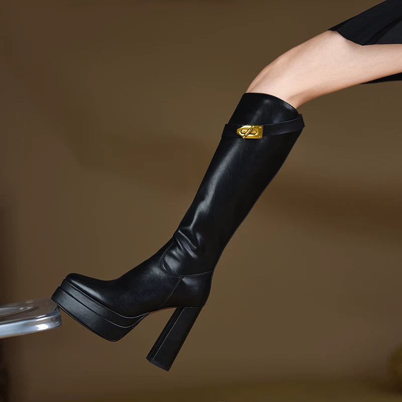 Women's Fall Winter Black Chunky Sole Platform Pointed Toe Block Heel Tall Riding Boots Ankle for Office and Weekend Streetwear Everyday Wear