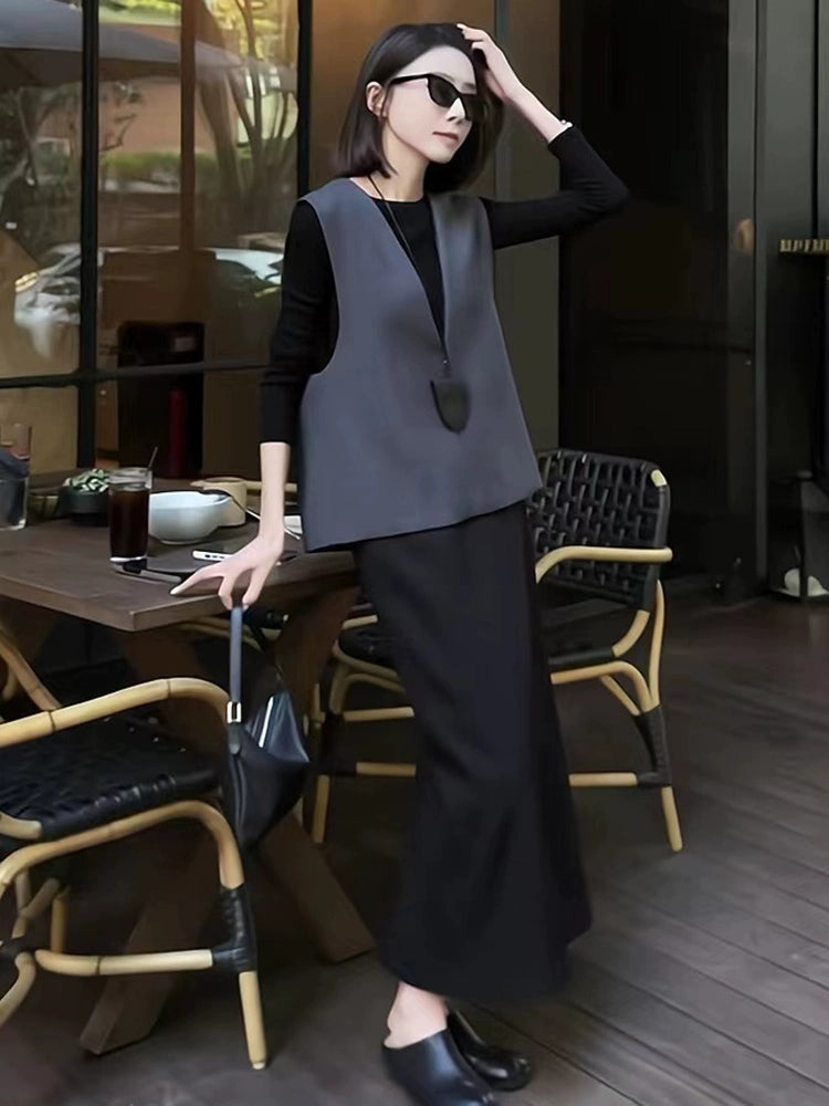 Women's Vest Black Grey Tweed-Style Sweater Knit Pullover Top for Fall Winter Spring Travel Office Everyday Date Night