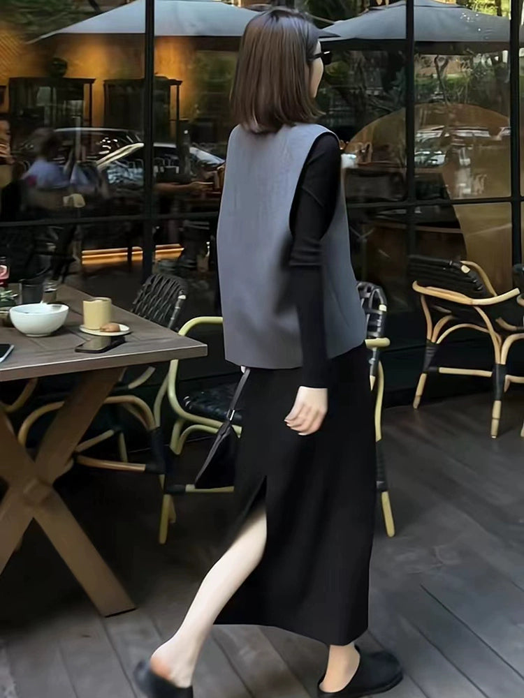 Women's Vest Black Grey Tweed-Style Sweater Knit Pullover Top for Fall Winter Spring Travel Office Everyday Date Night