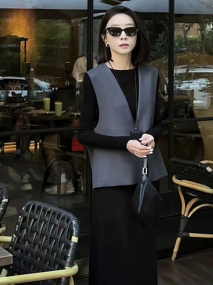 Women's Vest Black Grey Tweed-Style Sweater Knit Pullover Top for Fall Winter Spring Travel Office Everyday Date Night