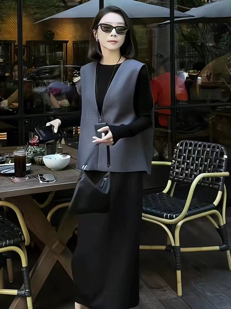 Women's Vest Black Grey Tweed-Style Sweater Knit Pullover Top for Fall Winter Spring Travel Office Everyday Date Night