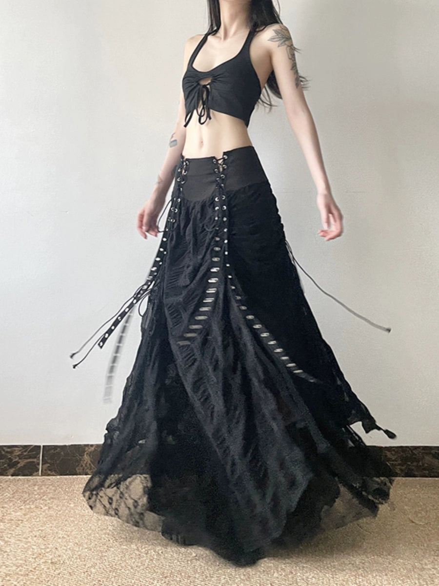 Women's Waist-Defining Lace Slim-Fit A-Line High-Waist Maxi Breathable Mesh Skirt for Summer Outfits Office Weekend Everyday Date Night