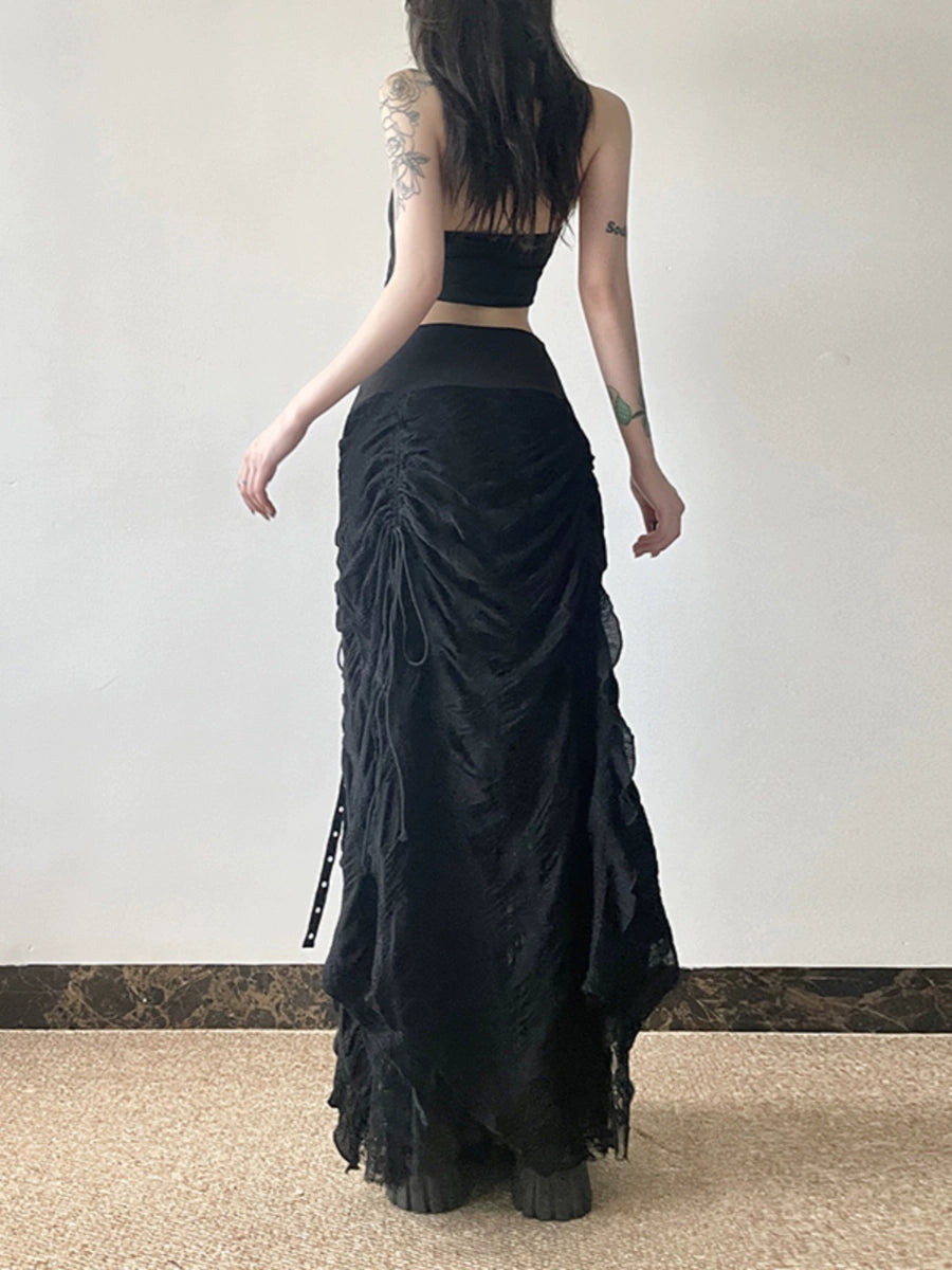 Women's Waist-Defining Lace Slim-Fit A-Line High-Waist Maxi Breathable Mesh Skirt for Summer Outfits Office Weekend Everyday Date Night