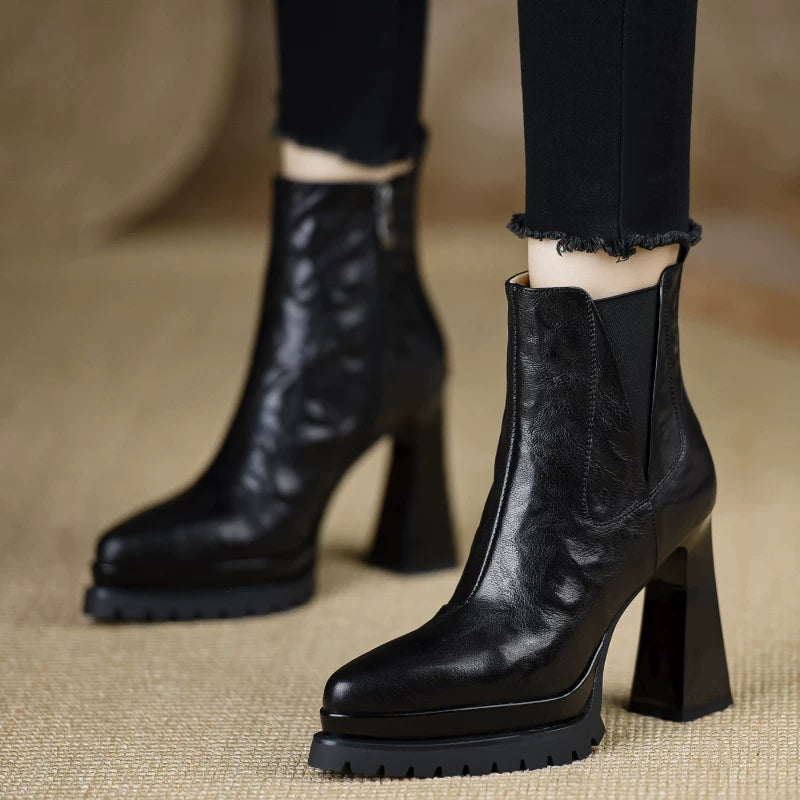 Women's Black Platform Leather Block Heel High Heel Ankle Boots for Fall Outfits Streetwear Winter Office and Weekend Everyday Wear