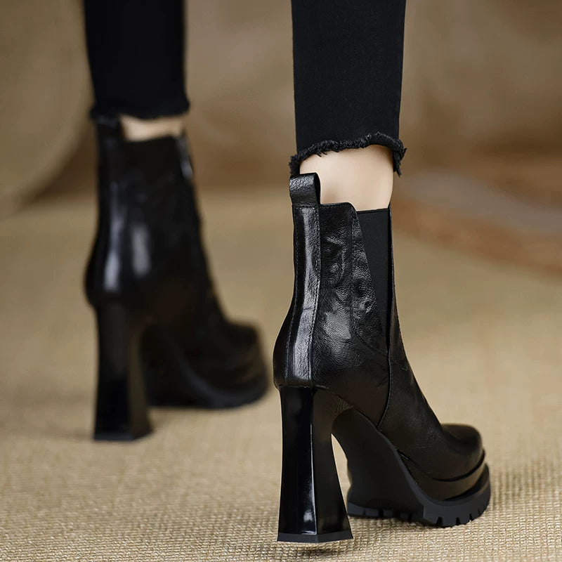 Women's Black Platform Leather Block Heel High Heel Ankle Boots for Fall Outfits Streetwear Winter Office and Weekend Everyday Wear