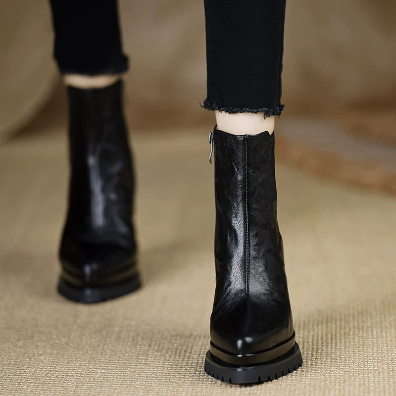 Women's Black Platform Leather Block Heel High Heel Ankle Boots for Fall Outfits Streetwear Winter Office and Weekend Everyday Wear