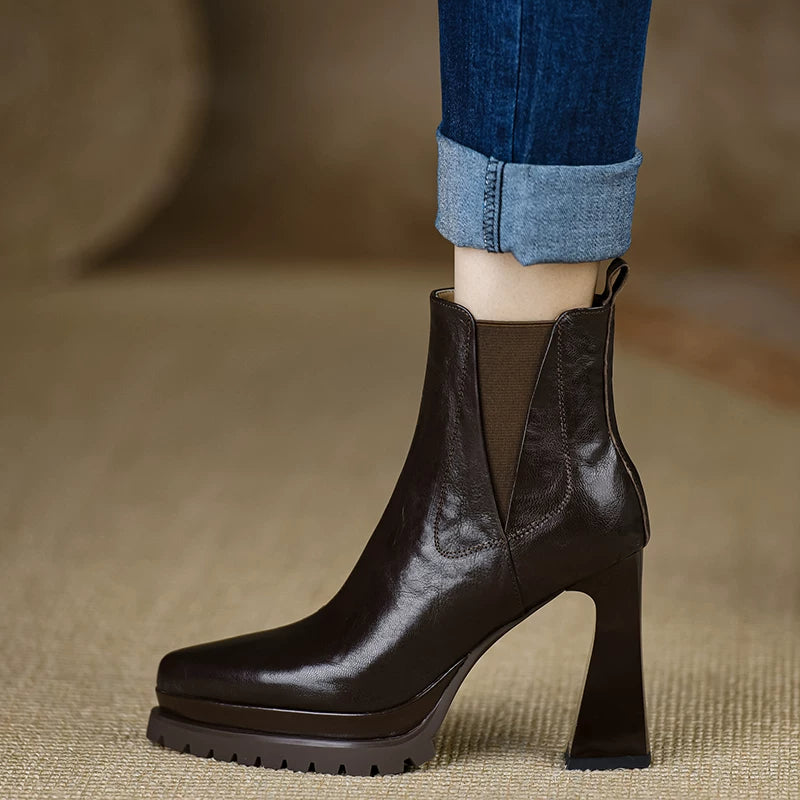 Women's Black Platform Leather Block Heel High Heel Ankle Boots for Fall Outfits Streetwear Winter Office and Weekend Everyday Wear