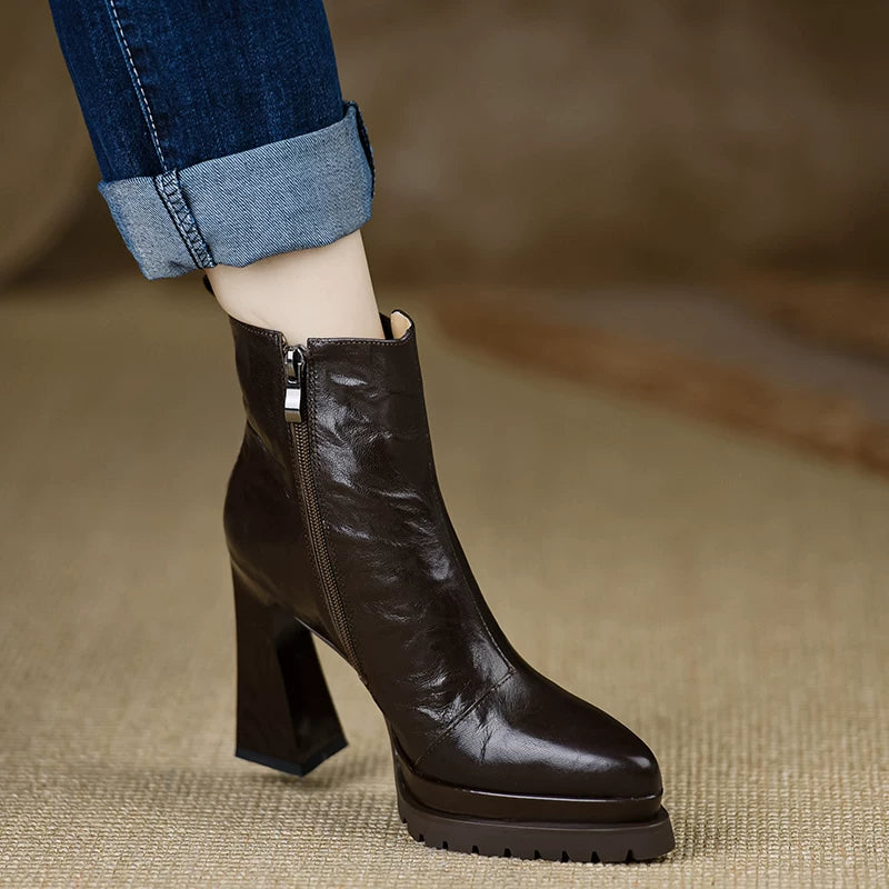 Women's Brown Platform Leather Block Heel High Heel Ankle Boots for Fall Outfits Streetwear Winter Office and Weekend Everyday Wear