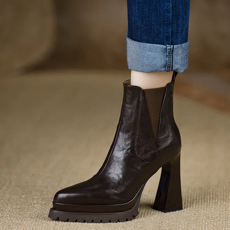 Women's Brown Platform Leather Block Heel High Heel Ankle Boots for Fall Outfits Streetwear Winter Office and Weekend Everyday Wear