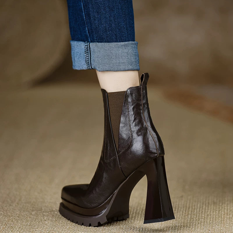 Women's Brown Platform Leather Block Heel High Heel Ankle Boots for Fall Outfits Streetwear Winter Office and Weekend Everyday Wear