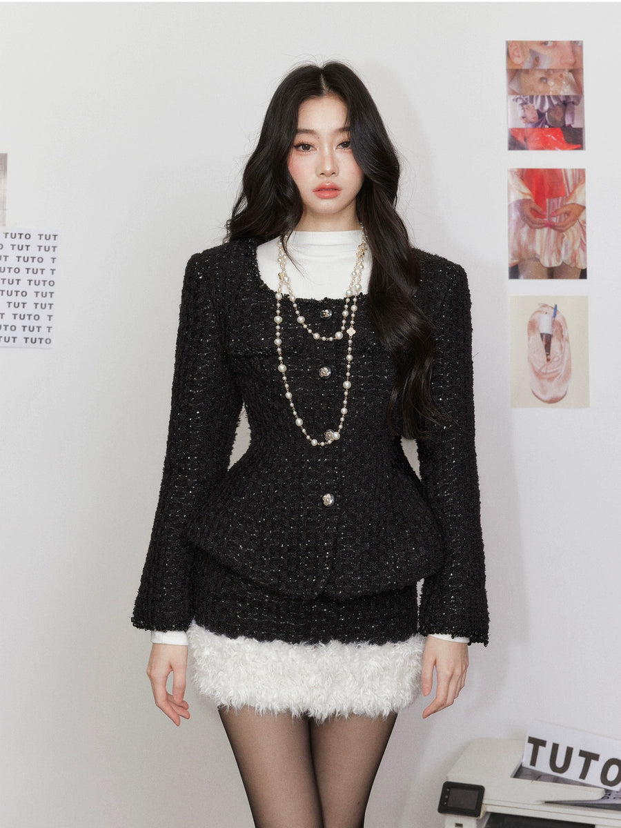 Women's Glitter Winter Slim-Waist Black Square Neck Tweed-Style Clothing Top Weekend Everyday