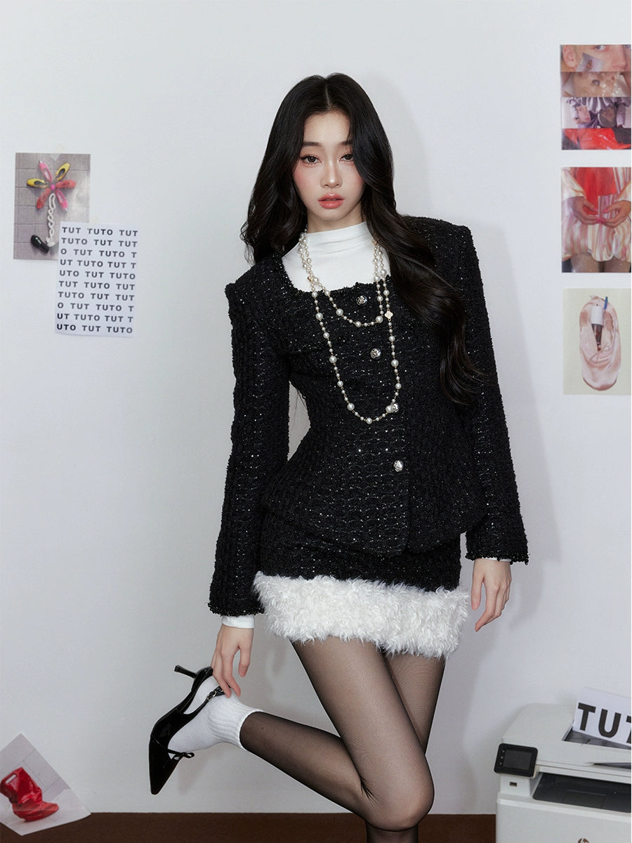 Women's Glitter Winter Slim-Waist Black Square Neck Tweed-Style Clothing Top Weekend Everyday