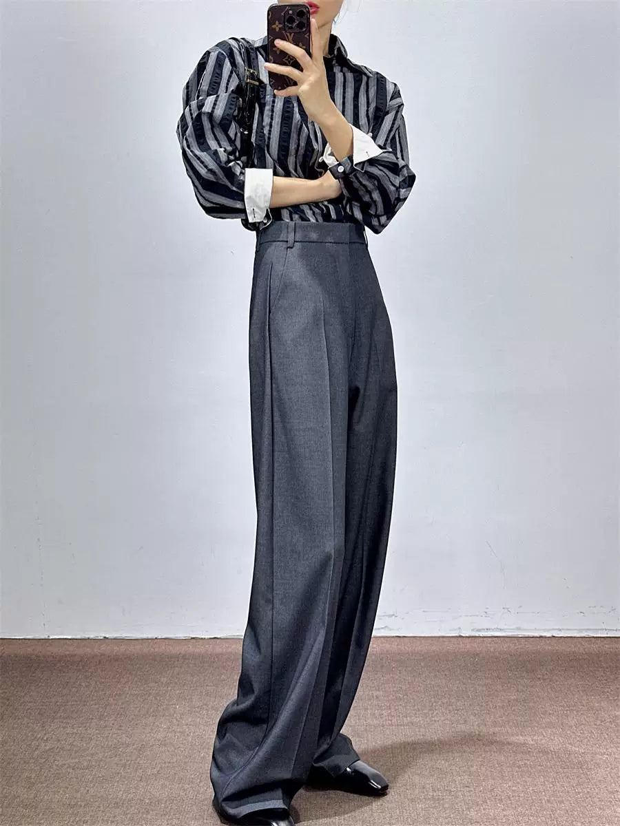 Women's Wool Fall Winter Straight Grey Office Workwear High-Waist Wide-Leg Pants for Travel Comfort Business Casual Weekend Everyday Date Night