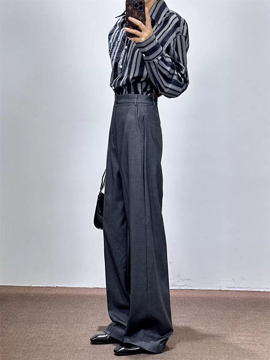 Women's Wool Fall Winter Straight Grey Office Workwear High-Waist Wide-Leg Pants for Travel Comfort Business Casual Weekend Everyday Date Night