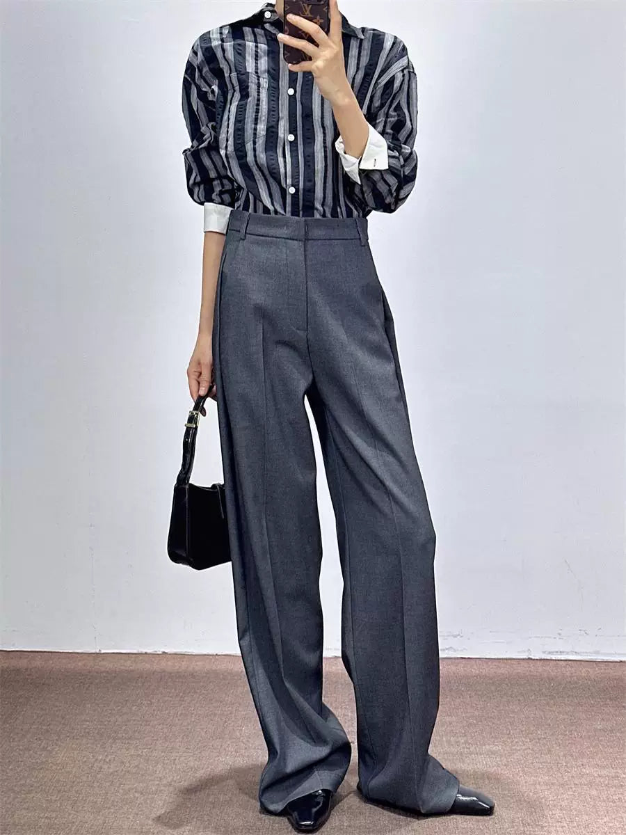 Women's Wool Fall Winter Straight Grey Office Workwear High-Waist Wide-Leg Pants for Travel Comfort Business Casual Weekend Everyday Date Night