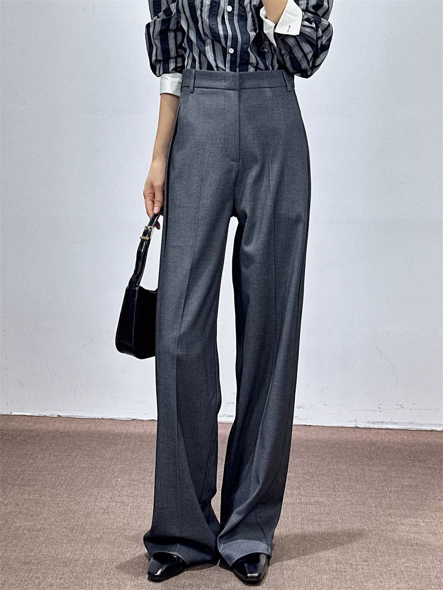 Women's Wool Fall Winter Straight Grey Office Workwear High-Waist Wide-Leg Pants for Travel Comfort Business Casual Weekend Everyday Date Night