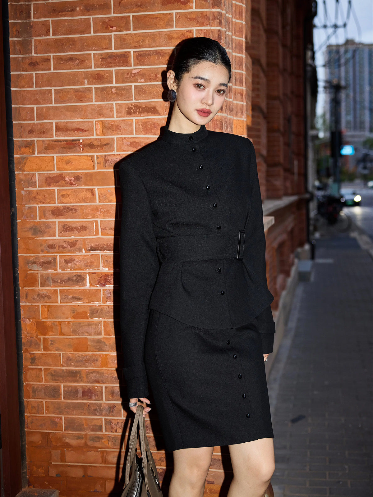 Women's Slim-Waist Black Mandarin Collar Retro Two-Piece Set for Office Workwear Wedding Guest Business Casual Travel Weekend At Home