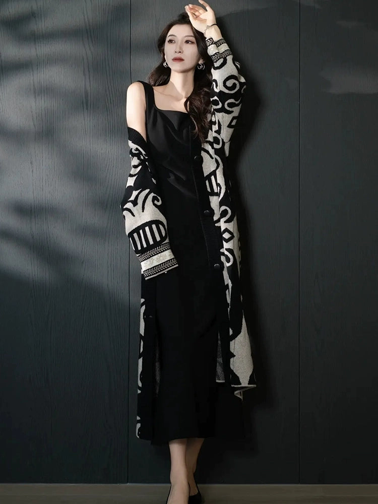 Women's Longline Midi Color-Block Retro Cardigan Relaxed Fit Knit Outerwear for Office Outfits Everyday Work Date Night Fall Winter