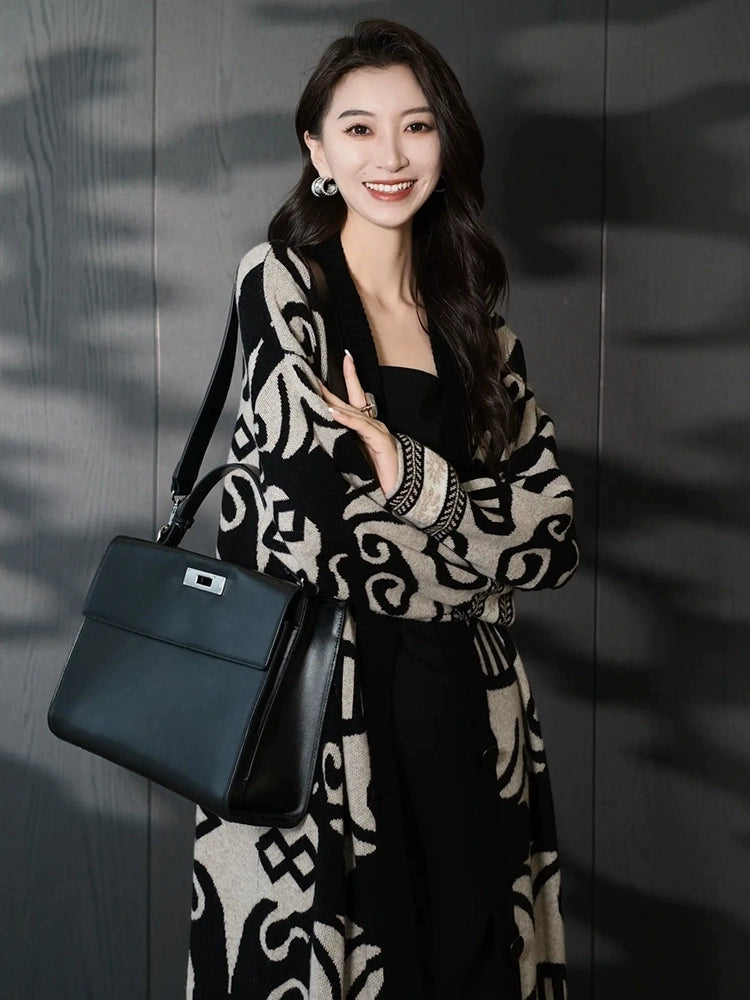 Women's Longline Midi Color-Block Retro Cardigan Relaxed Fit Knit Outerwear for Office Outfits Everyday Work Date Night Fall Winter