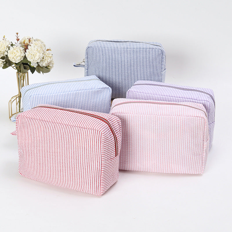 Seersucker Makeup Bag Travel Cosmetic Pouch Gift Everyday Toiletry Rolling Train Case