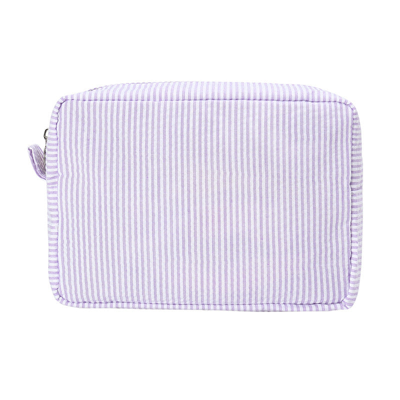 Seersucker Makeup Bag Travel Cosmetic Pouch Gift Everyday Toiletry Rolling Train Case