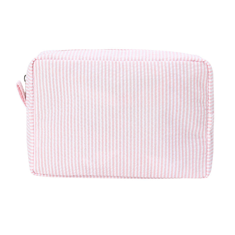 Seersucker Makeup Bag Travel Cosmetic Pouch Gift Everyday Toiletry Rolling Train Case