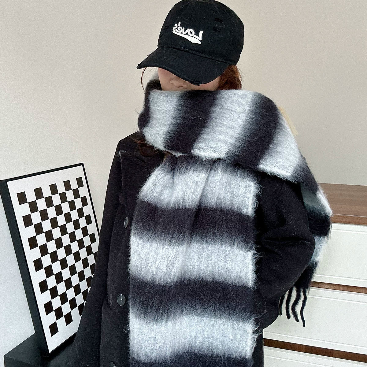 Women's Tassel Fall Winter Striped Thickened Fleece-Lined Korean-Style Knit Scarf for Office and Travel Evening Gift Holiday Gift