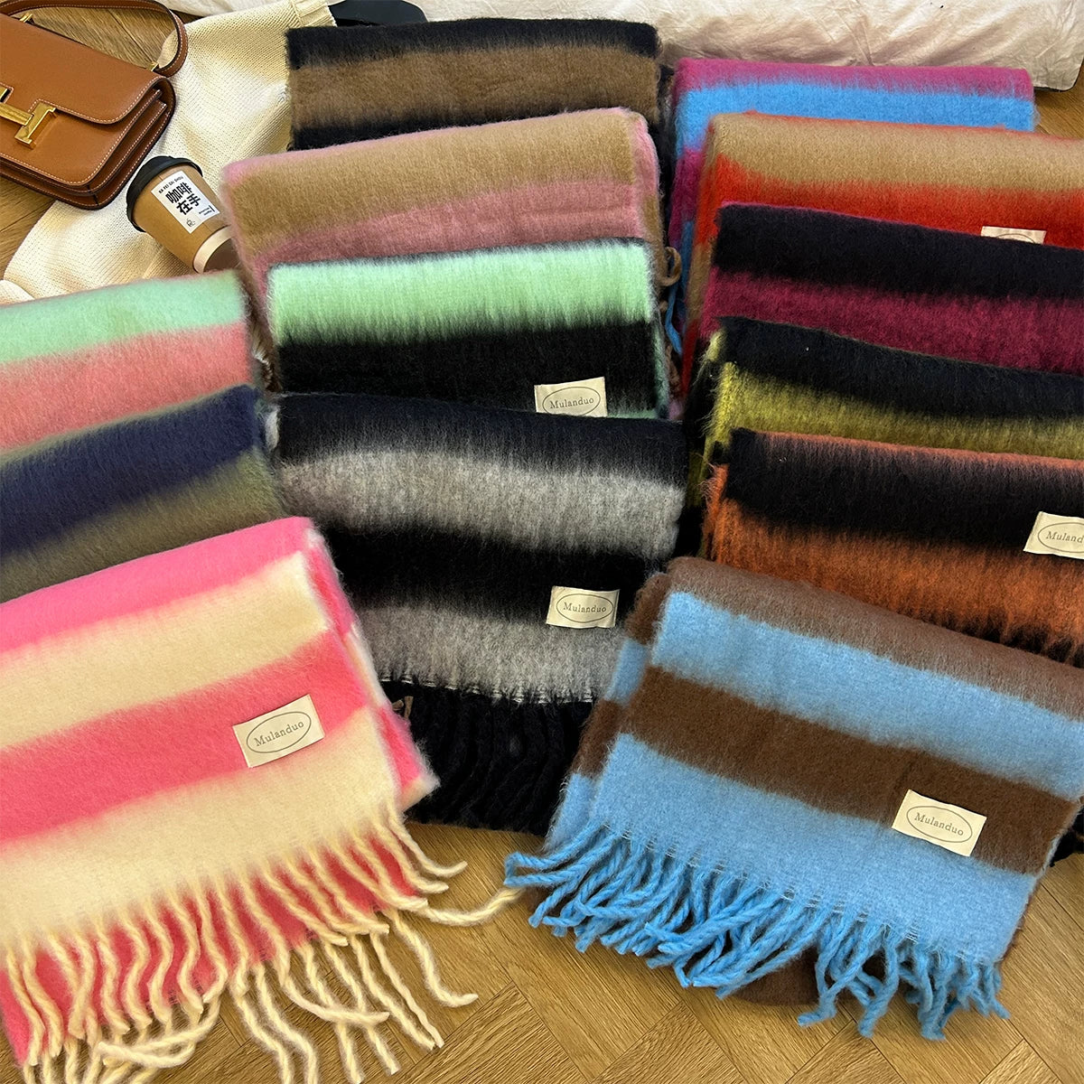 Women's Tassel Fall Winter Striped Thickened Fleece-Lined Korean-Style Knit Scarf for Office and Travel Evening Gift Holiday Gift