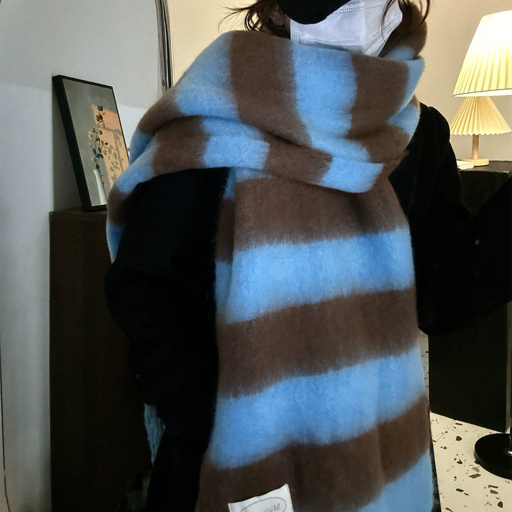 Women's Tassel Fall Winter Striped Thickened Fleece-Lined Korean-Style Knit Scarf for Office and Travel Evening Gift Holiday Gift