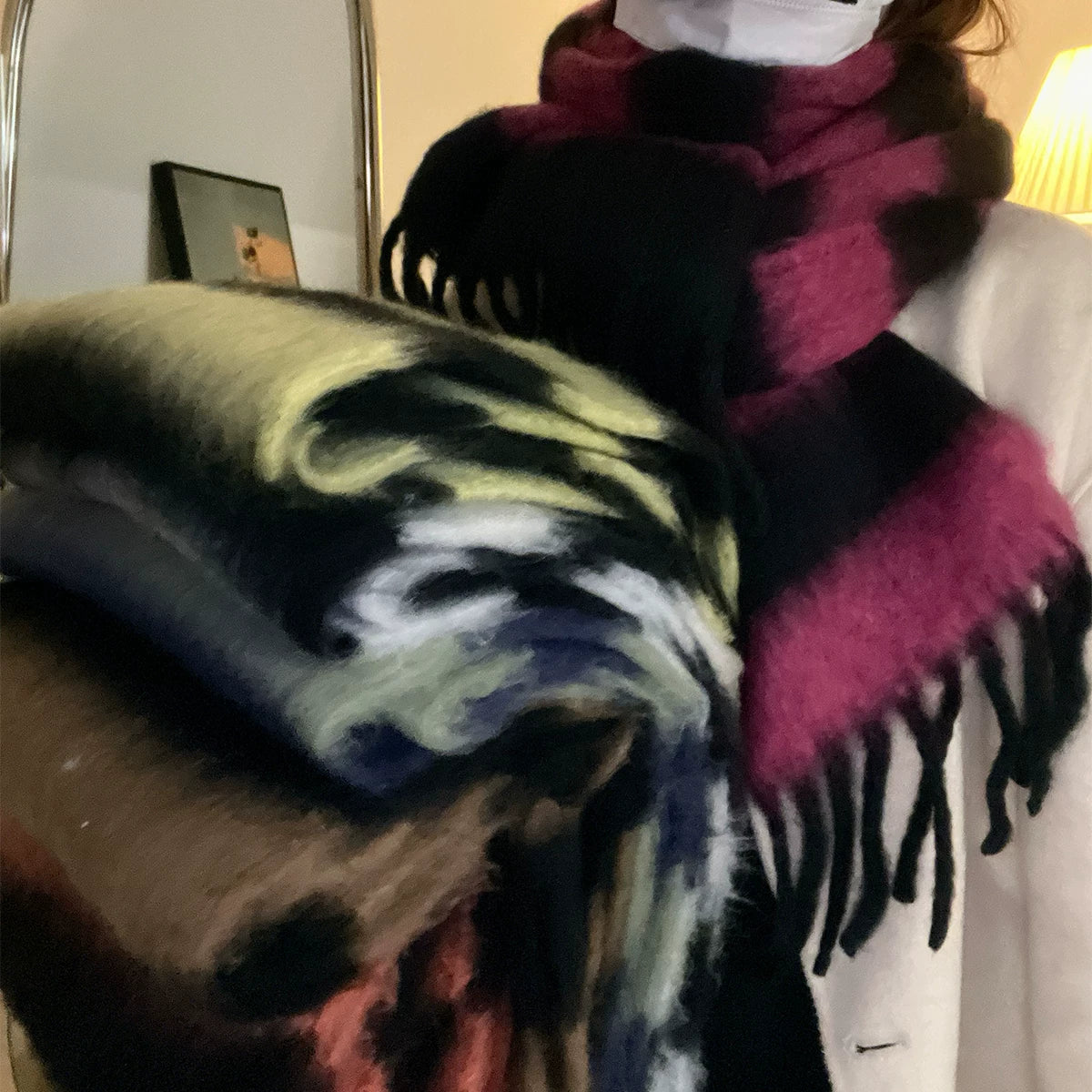 Women's Tassel Fall Winter Striped Thickened Fleece-Lined Korean-Style Knit Scarf for Office and Travel Evening Gift Holiday Gift