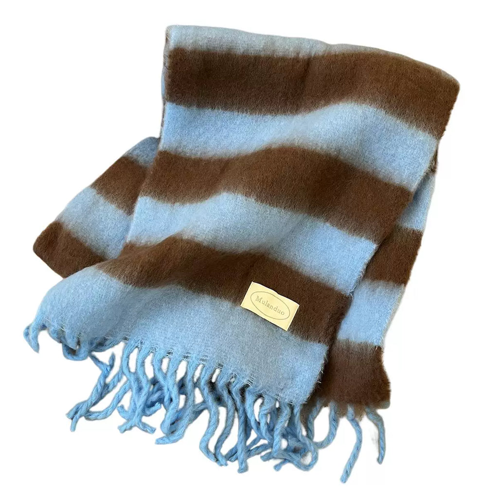 Women's Tassel Fall Winter Striped Thickened Fleece-Lined Korean-Style Knit Scarf for Office and Travel Evening Gift Holiday Gift