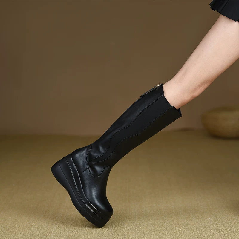 Women's Fall Winter Black Chunky Sole Round Toe Wedge High Heel Heels for Office Outfits Wedding Guest Cocktail Party Work and Travel Everyday