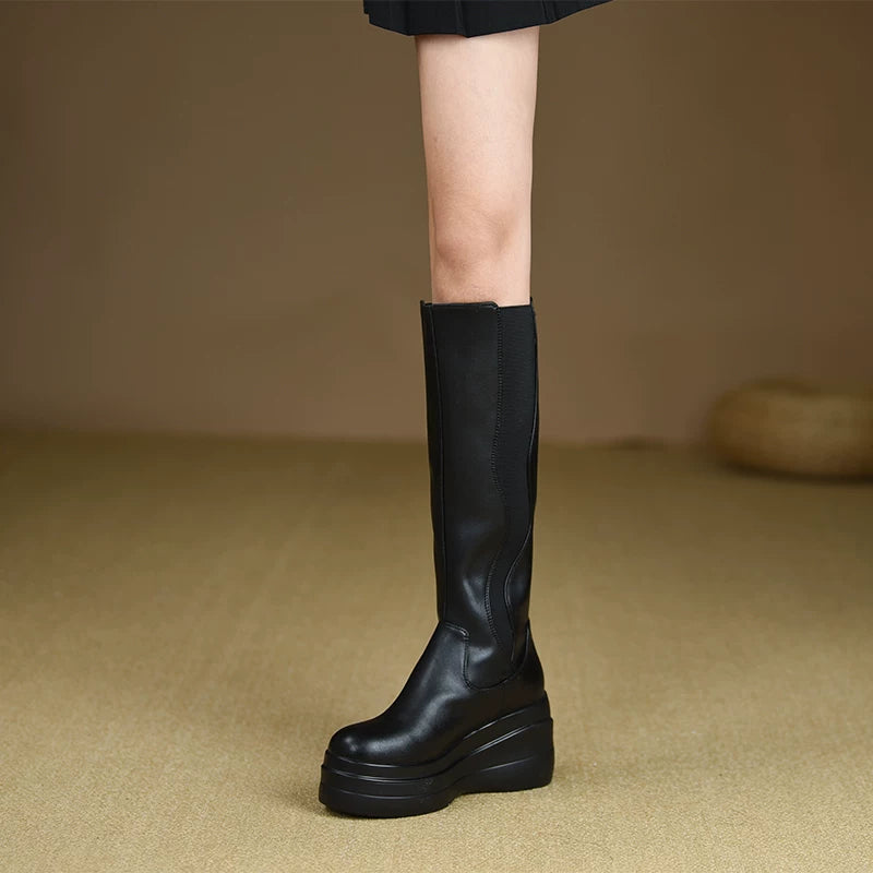 Women's Fall Winter Black Chunky Sole Round Toe Wedge High Heel Heels for Office Outfits Wedding Guest Cocktail Party Work and Travel Everyday