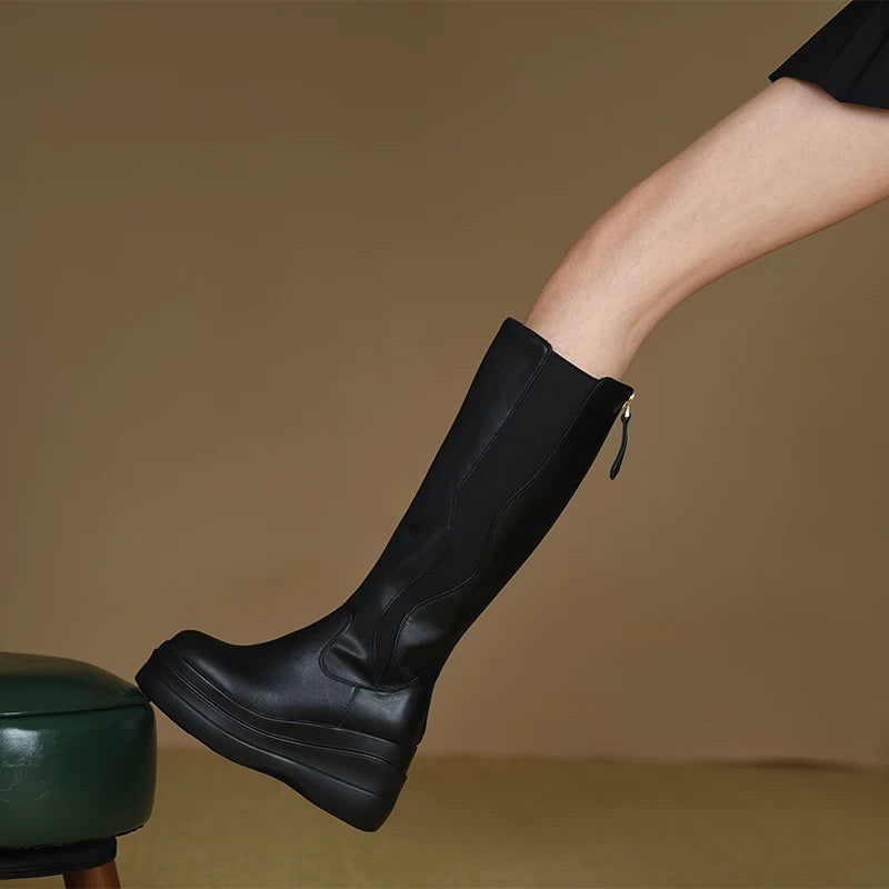 Women's Fall Winter Black Chunky Sole Round Toe Wedge High Heel Heels for Office Outfits Wedding Guest Cocktail Party Work and Travel Everyday