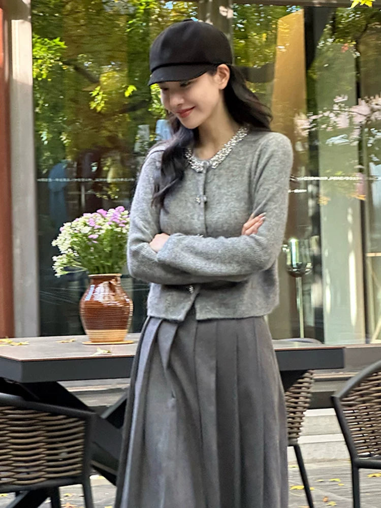 Women's Grey Tweed-Style Knit Cardigan Open-Front Sweater for Office Outfits Fall Work and Weekend Spring Everyday
