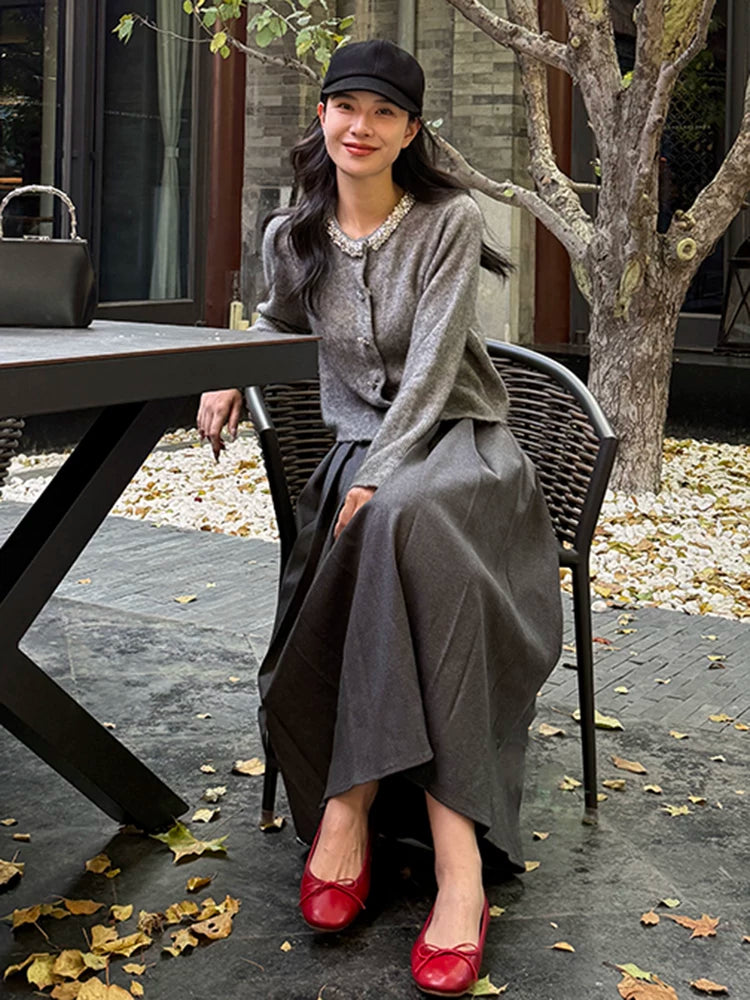 Women's Grey Tweed-Style Knit Cardigan Open-Front Sweater for Office Outfits Fall Work and Weekend Spring Everyday