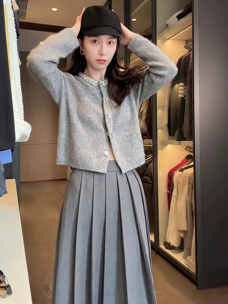 Women's Grey Tweed-Style Knit Cardigan Open-Front Sweater for Office Outfits Fall Work and Weekend Spring Everyday